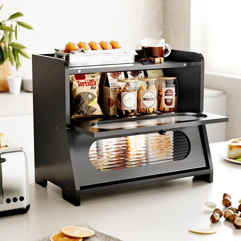 2-Tier Countertop,Bread Bread Box,Extra Large Bamboo Bread Box for Kitchen Storage Container with Magnetic Acrylic Door
