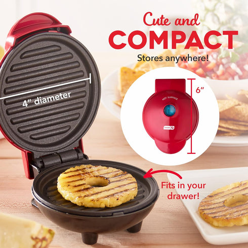 DASH Mini Maker Portable Grill Machine + Panini Press for Gourmet Burgers, Sandwiches, and Snacks - Red
