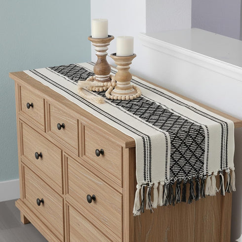 14 72 Inches, Boho Table Runner with Tassel x Black & Cream Cotton Woven Washable Dresser Scarf Top Cover for Furniture