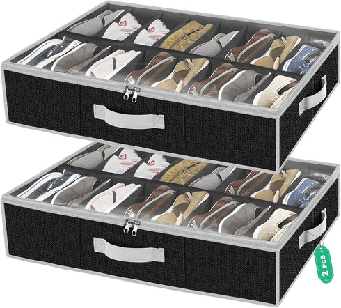Under the Bed Shoe Storage Organizer - Extra Large Underbed Container, 2 Pack Fits 32 Pairs, Black