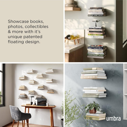Set 3 Umbra Conceal, Sturdy Metal Floating Bookshelf for Wall, Silver, Small