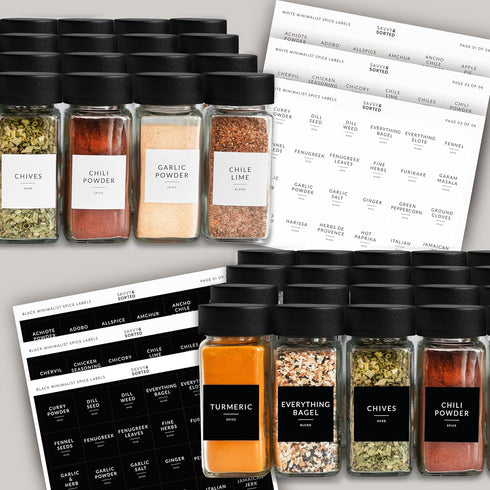 24 4 Oz 374 SAVVY & SORTED Glass Spice Jars with Label PK - Spice Containers with Minimalist Preprinted Labels