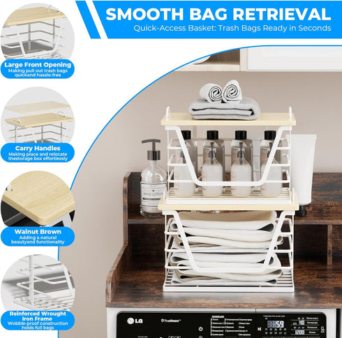 Countertop Trash Bag Holders with Wood Top, Large & Small Garbage Bag Dispenser for Kitchen, Pantry, Laundry Room
