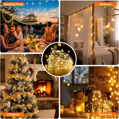 6 Pack 7ft 20LED Dimmable Rechargeable Fairy Lights with Remote & DIY Timer, Silver Wire String Light for Mason Jar