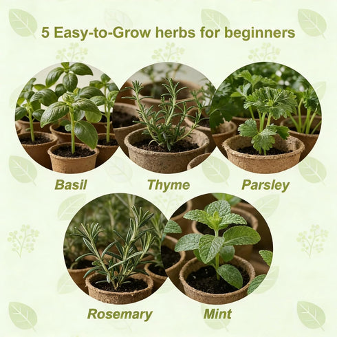5 Herb Garden Kit with Wooden Box - Including Basil, Thyme, Parsley, Rosemary, Mint - Windowsill Herb Garden