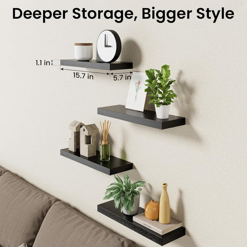 15.7in 22lbs Set 4) BAYKA Floating Shelves for Wall, Wall Mounted Rustic Wood Shelves for Bathroom, Bedroom, Living