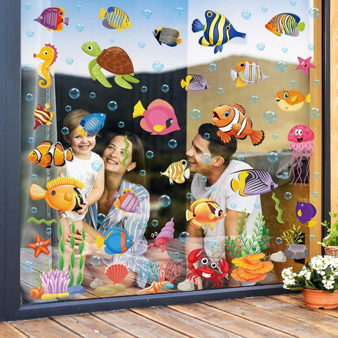 9 Sheets Summer Window Clings, Ocean Themed Tropical Fish Double-Sided Decals for Home Office Bathroom Decor
