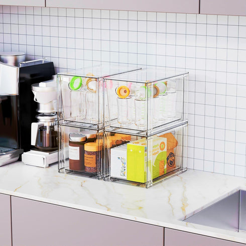 Yieach 4 Pack Countertop,Cabinet,Bathroom,Pantry,Office Closet Large Stackable Storage Drawers,Clear Acrylic Drawer