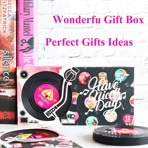 Funny Retro Vinyl Record Coasters for Drinks with Vinyl Record Player Holder for Music Lovers, Set of 6 Conversation