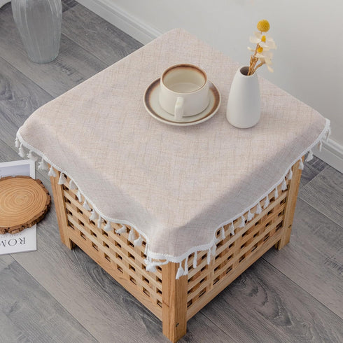 24 Inch Linen Small Round Tablecloth Beige Washable Wrinkle Resistant Table Cover with Tassels Farmhouse Decorative