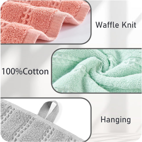 6PC (13"x13"), 100% Set VOOVA & MOVAS Waffle Mint Green Washcloth Cotton, Soft, Absorb & Lightweight, Quick Dry, Waffle