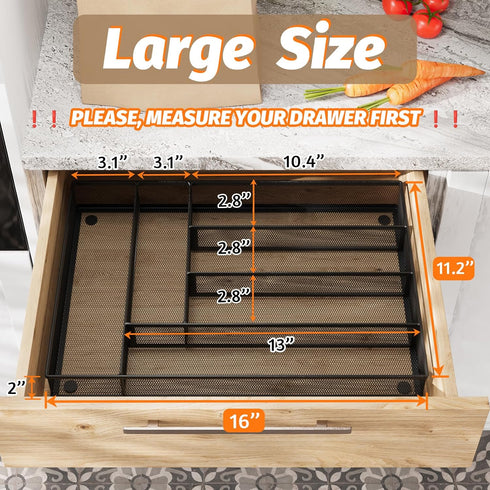 Silverware Organizer Metal Mesh, Large Drawer Organizer, Utensil Cutlery Tray for kitchen drawers, Flatware Organizer with 6 Compartment, Black by SEDEGN