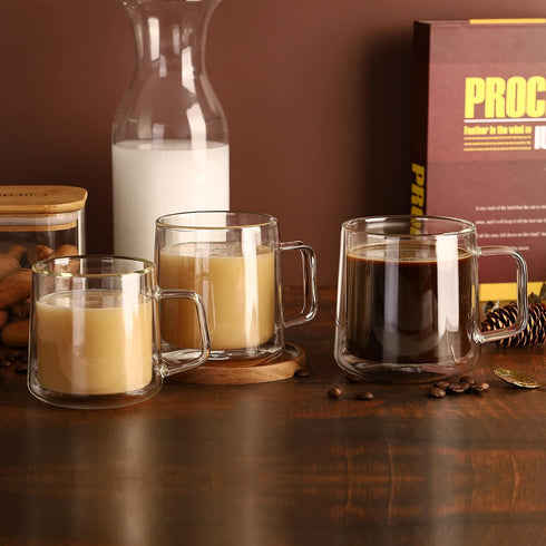 12oz Bag,Set 4 CNGLASS Glass Coffee Mugs,Double Wall Insulated Glass Cups with Handle,Clear Espresso Mugs