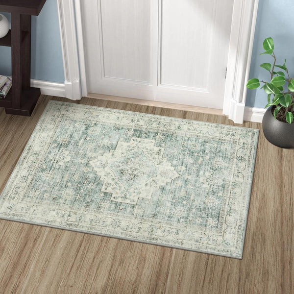 LIVEBOX Washable Rug 2x3 - Indoor Entryway Boho Low-Pile Small Rug, Non-Slip Indoor Outdoor Rugs, Sage Green