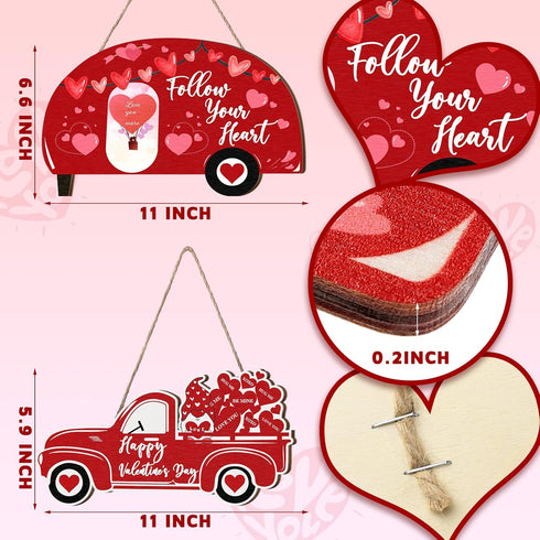 2 Pieces Valentine's Day Decor - Valentine's Day Heart Sign, Wooden Wall Decor, Happy Valentine's Day Truck Hanging