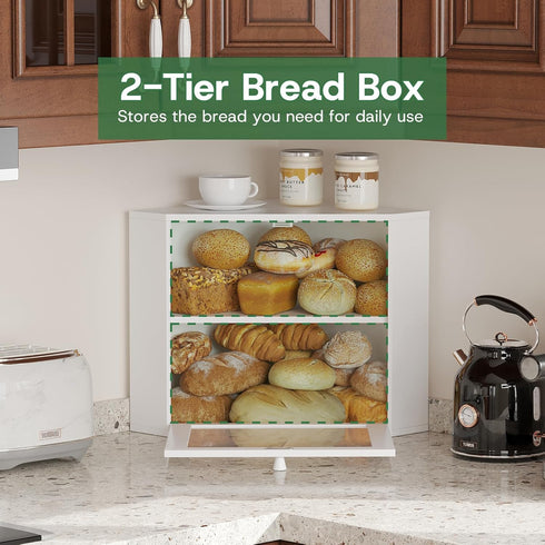 kiplant Countertop 2-Layer Corner Bread Box for Kitchen - Bamboo Wood, Wavy Acrylic Door, White Adjustable Bread