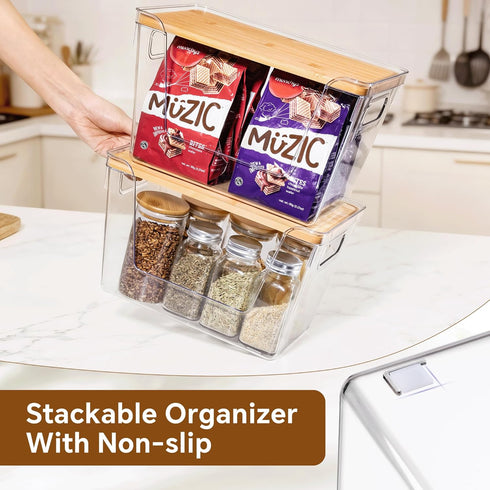 2 Set Criusia Pantry Organizers and Storage with Bamboo Lids, Stackable Clear Bins for Onion, Potato, Fruit