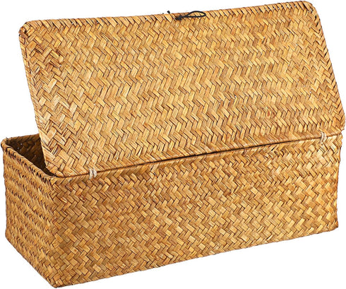 Hipiwe Seagrass Storage Basket Bin with Lid, Rectangular Woven Shelf Baskets with 3-Section Toilet Paper Holder for