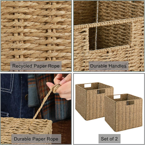 Vagusicc Wicker Storage Basket, Set of 2 Hand-Woven Baskets with Handles, 9 inch Foldable Cube Storage Bins for Pantry