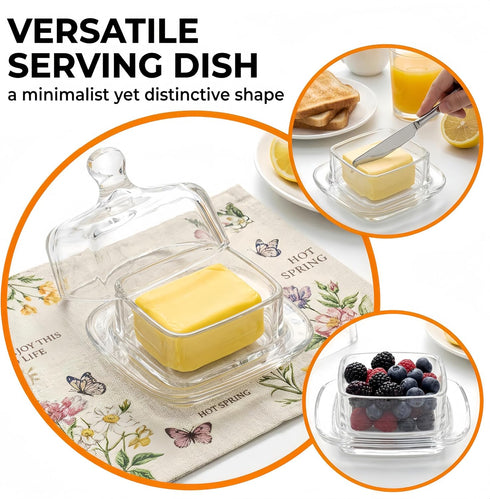 2 Pack ZOOFOX Glass Butter Dish, Small Glass Butter Keeper with Lid and Easy Grip Handle, Clear Butter Serving Storage
