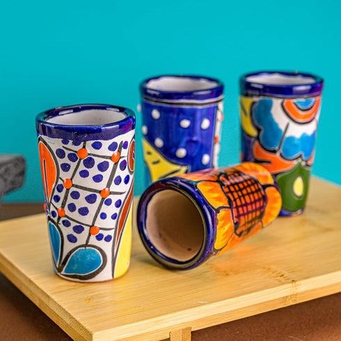 Talavera Shot Glasses Set of 4, Authentic Mexican Tequila Shot Glasses, Hand-painted, 2 Oz (Flowers Design)