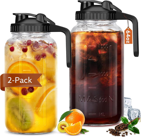 Mihlapi Glass Pitcher with Lid, 64 OZ Mason Jar Pitcher Double Leak Proof,