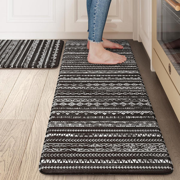 Kitchen Mats Cushioned Anti Fatigue, Non Slip 2 Piece Memory Foam Kitchen Mat Set for Sink, Laundry, Office, Black
