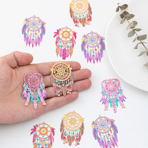 16pcs Multicolor Dreamcatcher Charms - Hollow Filigree Pendants for Earrings Jewelry Bookmark Accessories