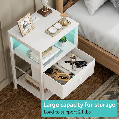 BOLUO White Nightstand with Charging Station, LED Night Stand with Fabric Drawers and Shelf, Bedside Table with USB