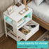 BOLUO White Nightstand with Charging Station, LED Night Stand with Fabric Drawers and Shelf, Bedside Table with USB