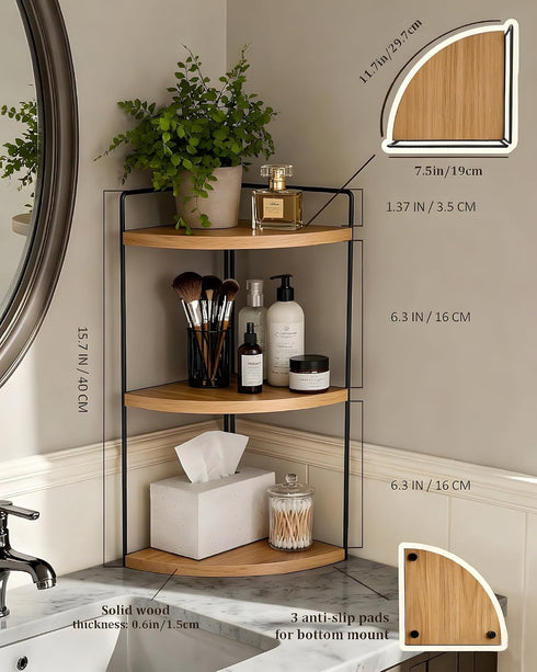 SwartLife Countertop 3-Tier Counter, Corner Bathroom Organizer, Corner Shelf for Vanity & Bathroom Rustic Wood Standing