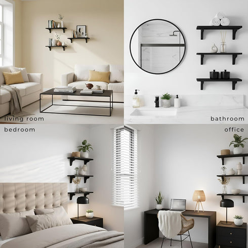 17 inch (3 Pack) Real Wood Black Shelves for Wall - - Easy to Install, Template and Video Included - Black Wall Shelf