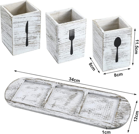 Kathfly 4 Pcs Silverware Caddy Utensil Holder - Countertop Organizer with Wood Tray for Kitchen Parties (Retro White)