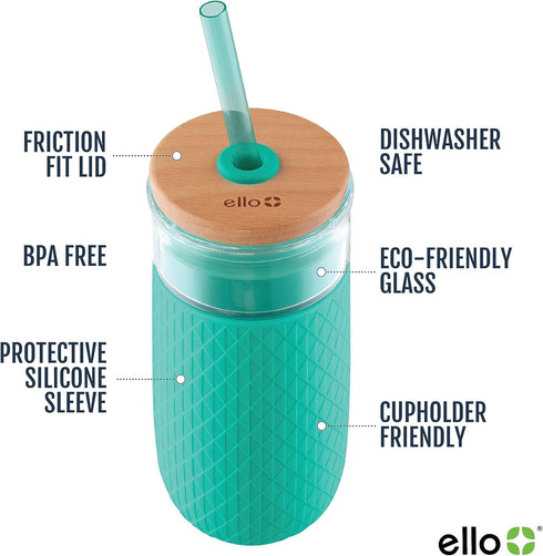 Ello Devon 18oz Glass Tumbler with Straw, Bamboo Wood Lid and Silicone Sleeve, Perfect for Iced Coffee