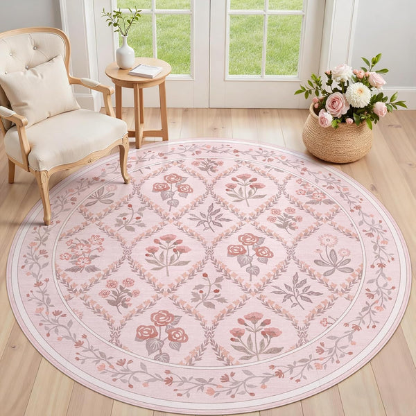 Round Rug 5ft Washable Circle Rug Non Slip Low Pile Boho Floral