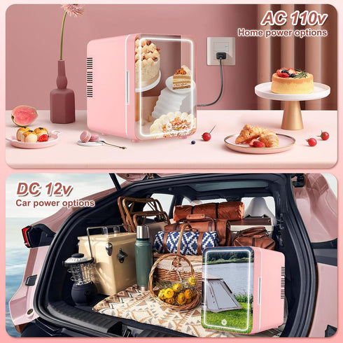 Mini Fridge for Bedroom, Skincare Fridge with Dimmable LED Light Mirror, 4L Makeup Mini Fridge, Pink