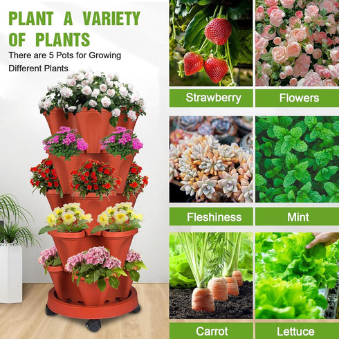 5 Vertical Strawberry Planter Tier Stackable Tower Herb Planters Stacking Outdoor Garden Planters Pot With Tools Mover