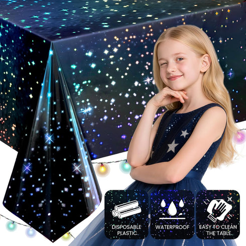 2 Pack 54'' 108'' Iridescent Galaxy Holography Tablecloth, x Color-Shifting Space Table Cover with Reflective Stars