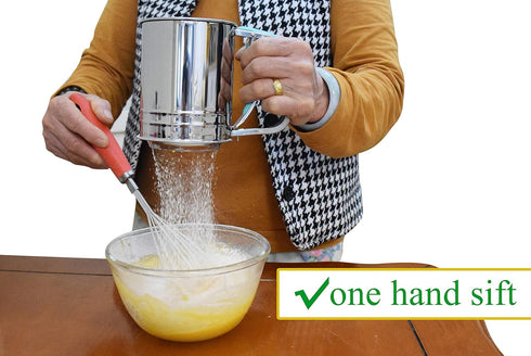 3-Cup Stainless Steel Flour Sifter - Squeeze Sifter for Baking with Compatible Silicone Handle (Red)