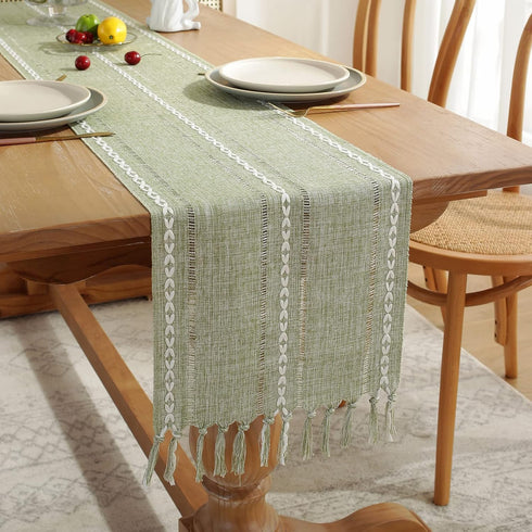 72 Inches 13"72") Wracra Rustic Hemstitch Table Runner, Linen Farmhouse Table Runners Long with Tassels for Dining