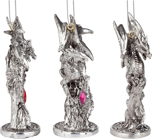 Design Toscano 3 Dragons of The Amesbury Holiday Gemstone Ornament Set, Silver, Christmas