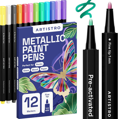 ARTISTRO 12 Metallic Paint Pens for Glass Marking, Rock Painting, Ceramic, Wood,