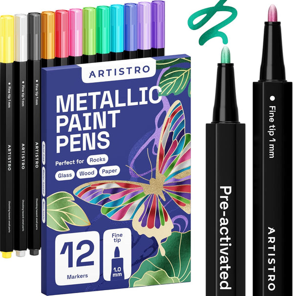ARTISTRO 12 Metallic Paint Pens for Glass Marking, Rock Painting, Ceramic, Wood,