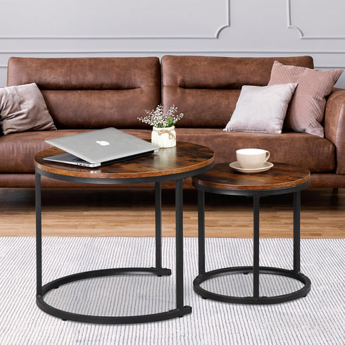 F2C Set 2 Nesting Coffee Table Modern End Table of for Living Room Balcony Office, Round Wood Accent Side Coffee Tables