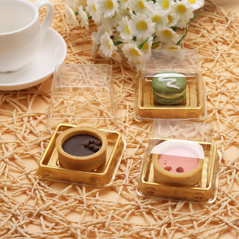 50 Set Gold Bottom Clear Cover Plastic Mini Cake Box, Muffin Box, Moon Cake Box
