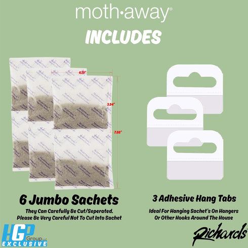 Richards Homewares Moth Away Herbal Non-Toxic Natural Repellent, 6 Jumbo Sachets