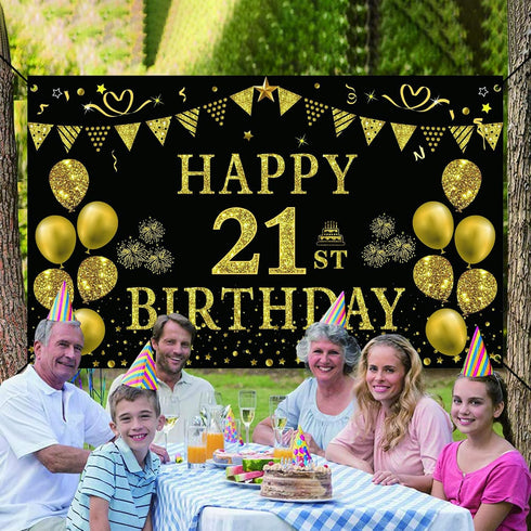 Trgowaul 21st Birthday Decorations for Her Him, Black Gold 21st Birthday Backdrop Banner, Party Supplies Photography