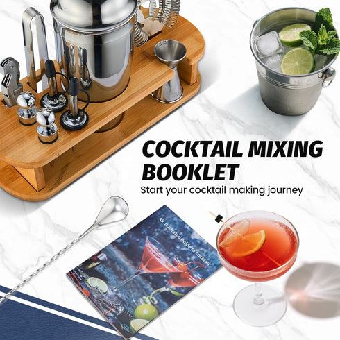 Set 13-Pcs Set 25oz Cocktail Shaker Bartender Kit: Bar Tools with Bamboo Stand, Essential Bar Accessories for Home:
