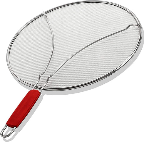 Splatter Guard for Frying Pan & Food Strainer, Universal Cookware 13", Stops Hot Oil Splash, RED Handle, Splatter