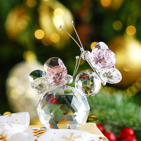 H&D HYALINE & DORA Pink Crystal Cut Double Butterfly Figurine, Handmade Art Glass Collectible Gift, Gift Boxed